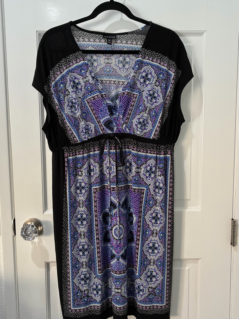 Enfocus Studio Black Dress with Purple and Blue Medallion Print